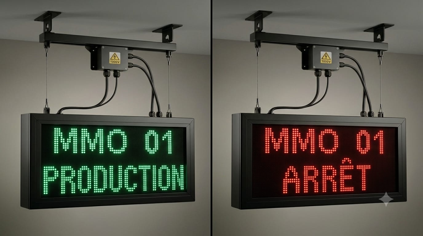 Afficheur LED vert et rouge indiquant l'état d'une machine en marche ou à l'arrêt